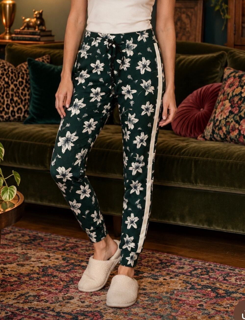 Avec Les Filles joggers lounge leggings high waisted green floral stretch M